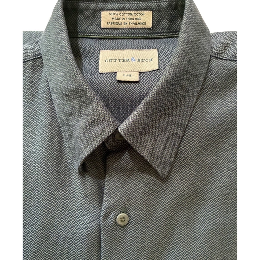 Cutter & Buck Mens Large Grey Blue Herringbone Cotton Button Down Shirt L/G Y2K